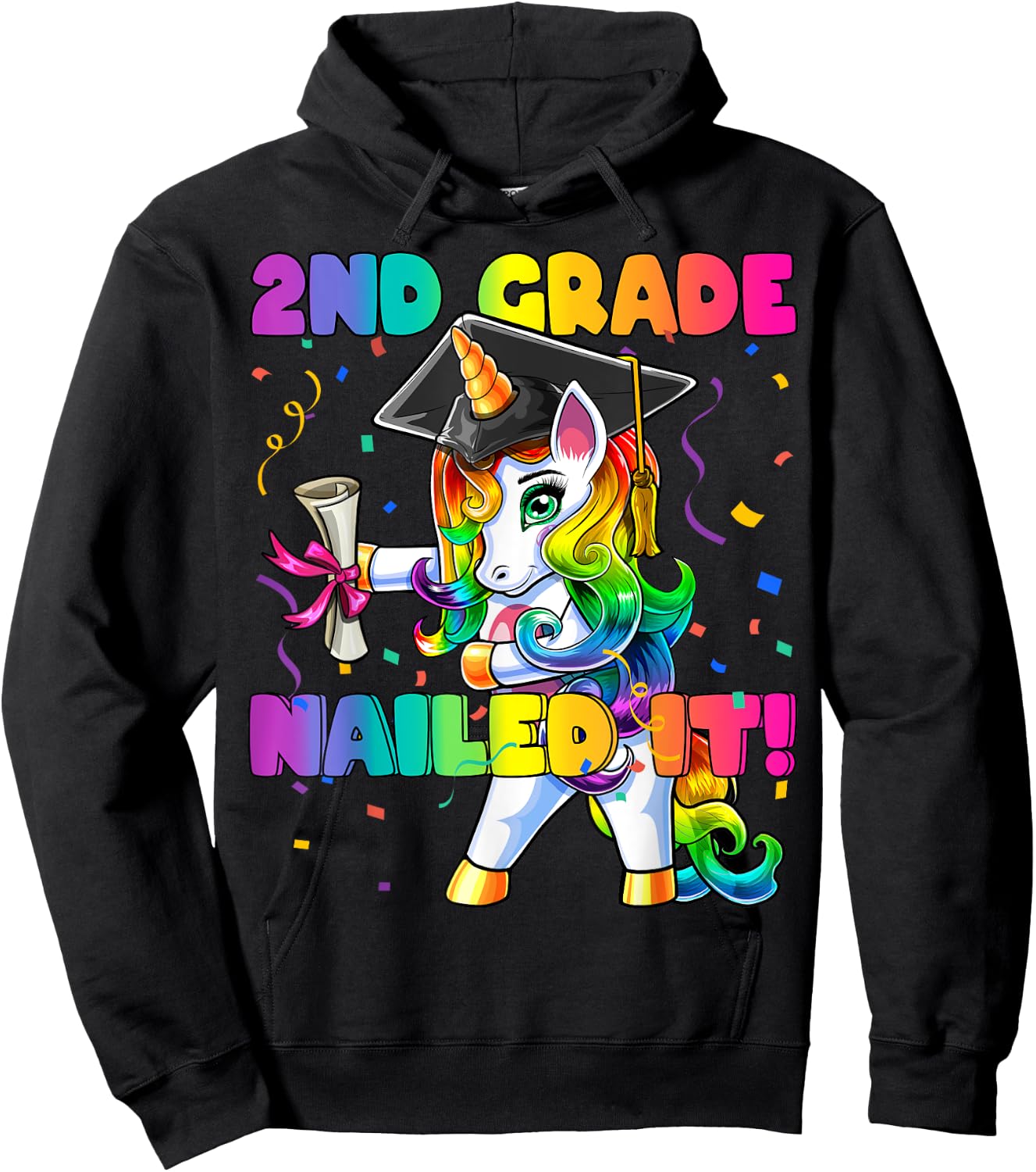 Flossing Unicorn 2nd Grade Graduation Cap Diploma Gift Girls Hoodie - Hoodie | Black