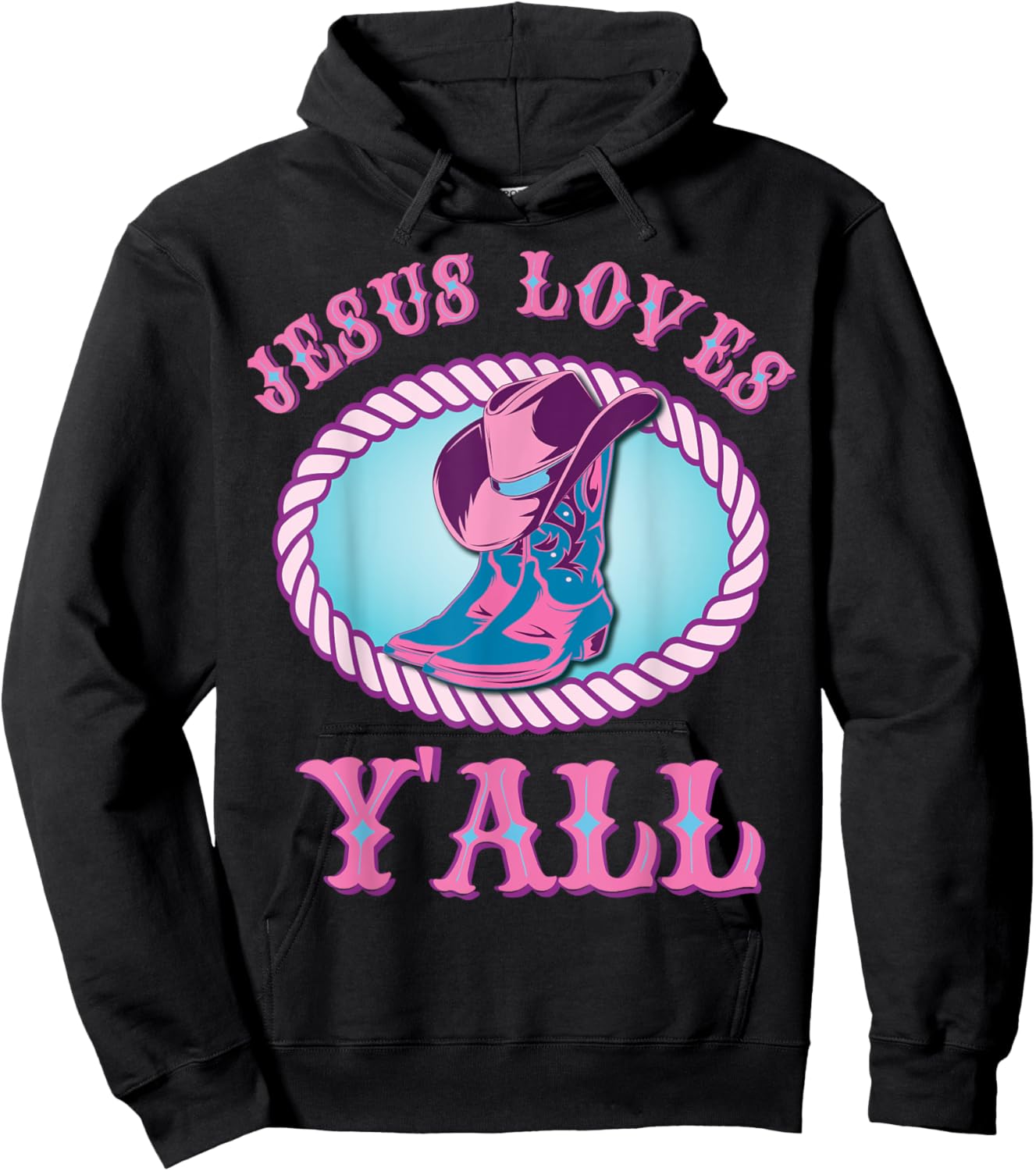 Cute Jesus Loves Y'all Cowgirl Christian Hoodie - Hoodie | Black