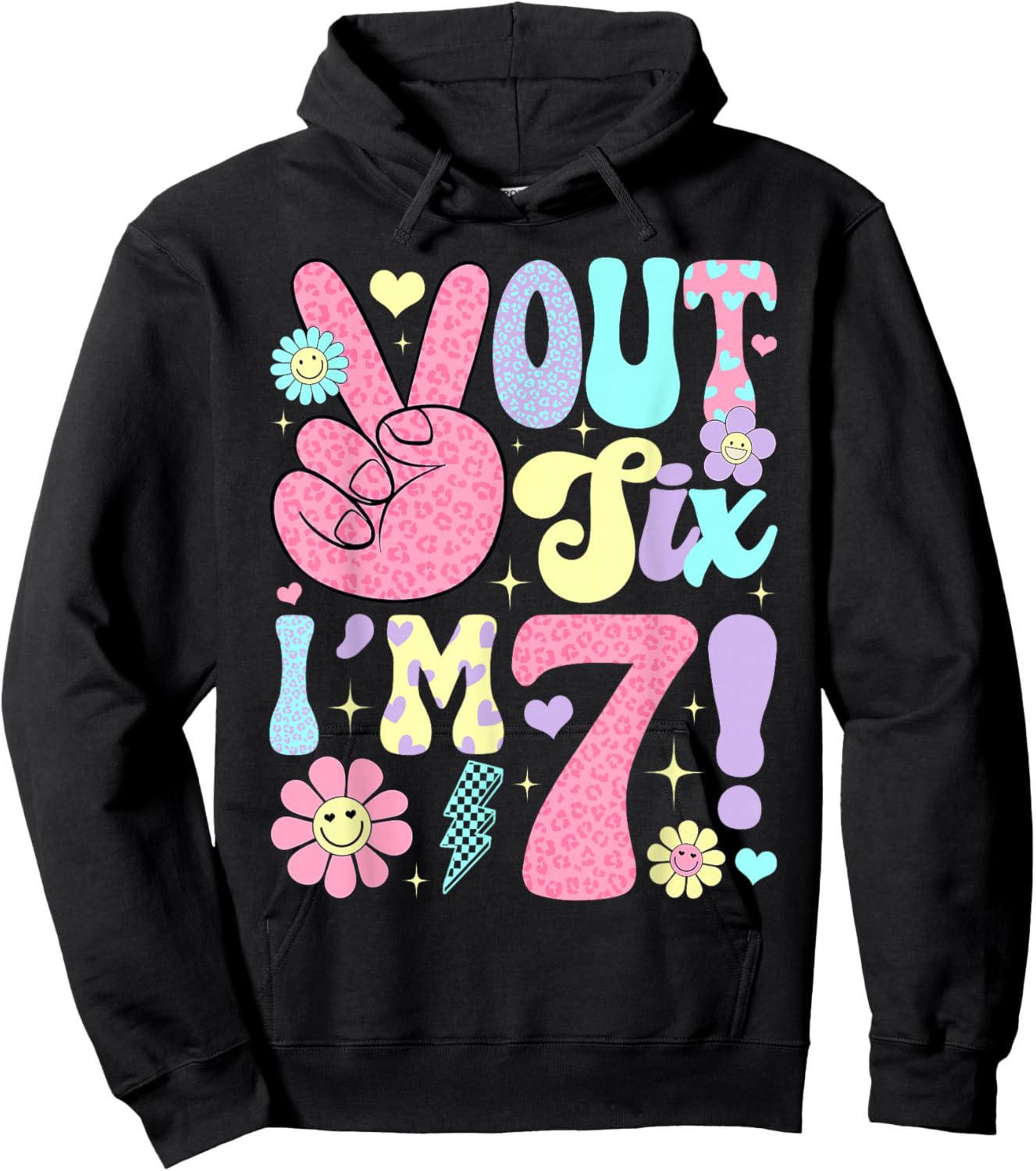 Groovy Peace Out Six I'm 7 Years Old 7th Birthday Girls Kids Hoodie - Hoodie | Black