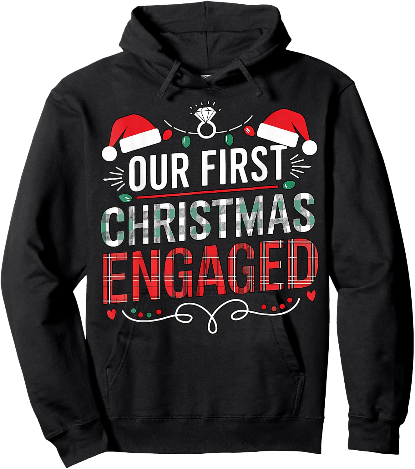 Our First Christmas Engaged 2024 Black Adult Christmas Couple Matching Hoodie - Hoodie | Black