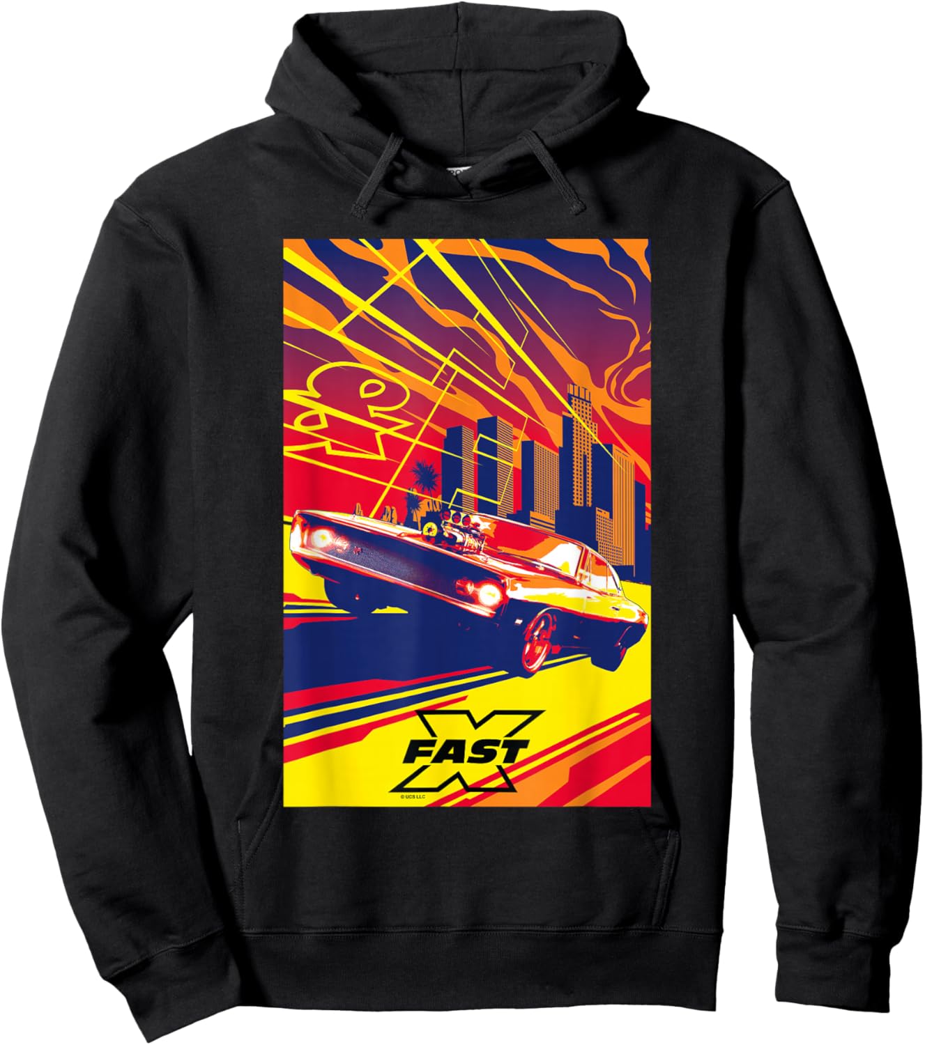 Fast X Toretto Charger City Skyline Saturated Movie Poster Hoodie - Hoodie | Black