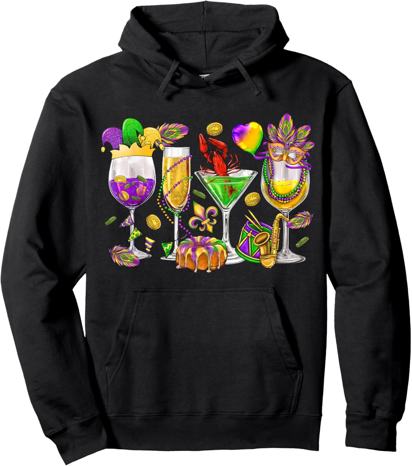 Mardi Gras Glass Of Wine Funny Drinking Wine Festival Parade Hoodie - Hoodie | Black