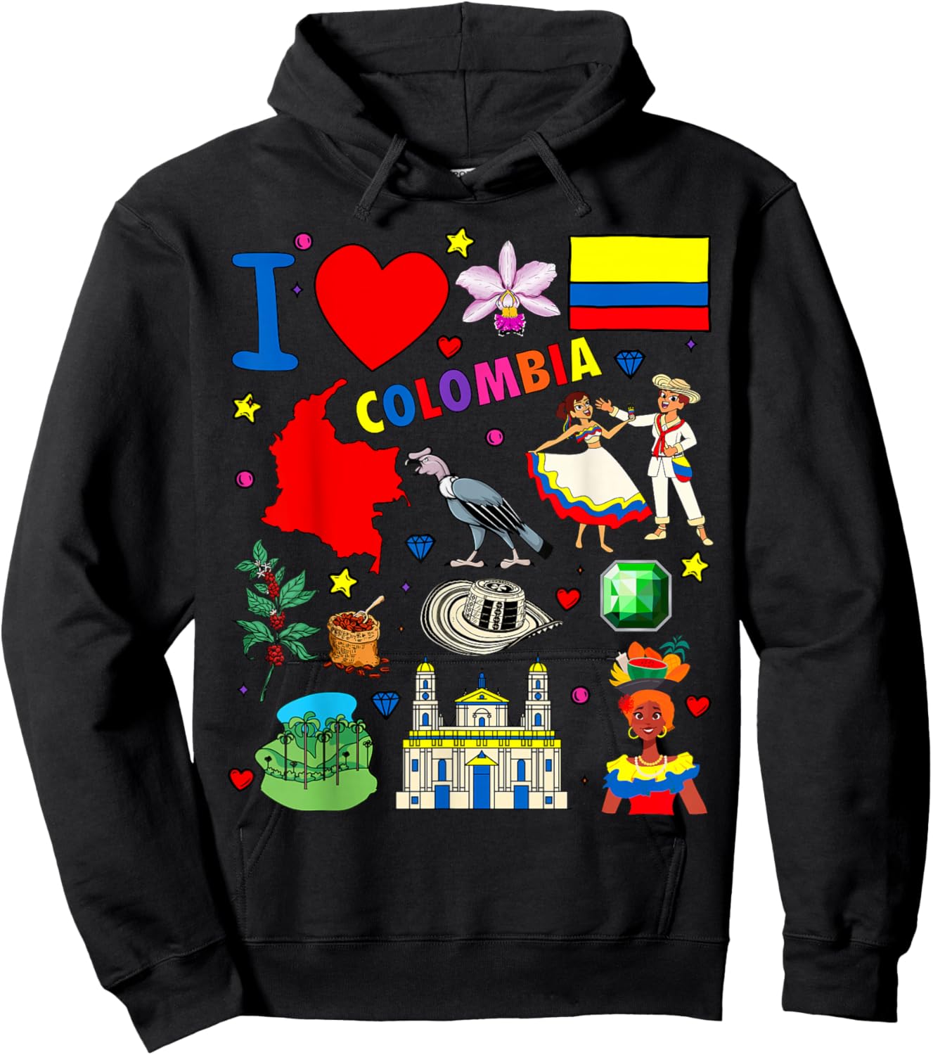 I Love Colombia Hand Drawn Colombian Landmarks, Flag and map Hoodie - Hoodie | Black