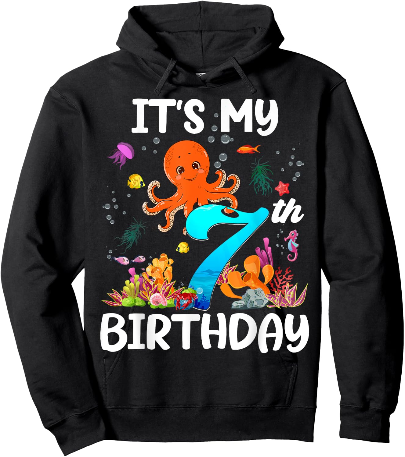 7 Year Old Ocean Life Whale Dolphin Octopus 7th Birthday Hoodie - Hoodie | Black