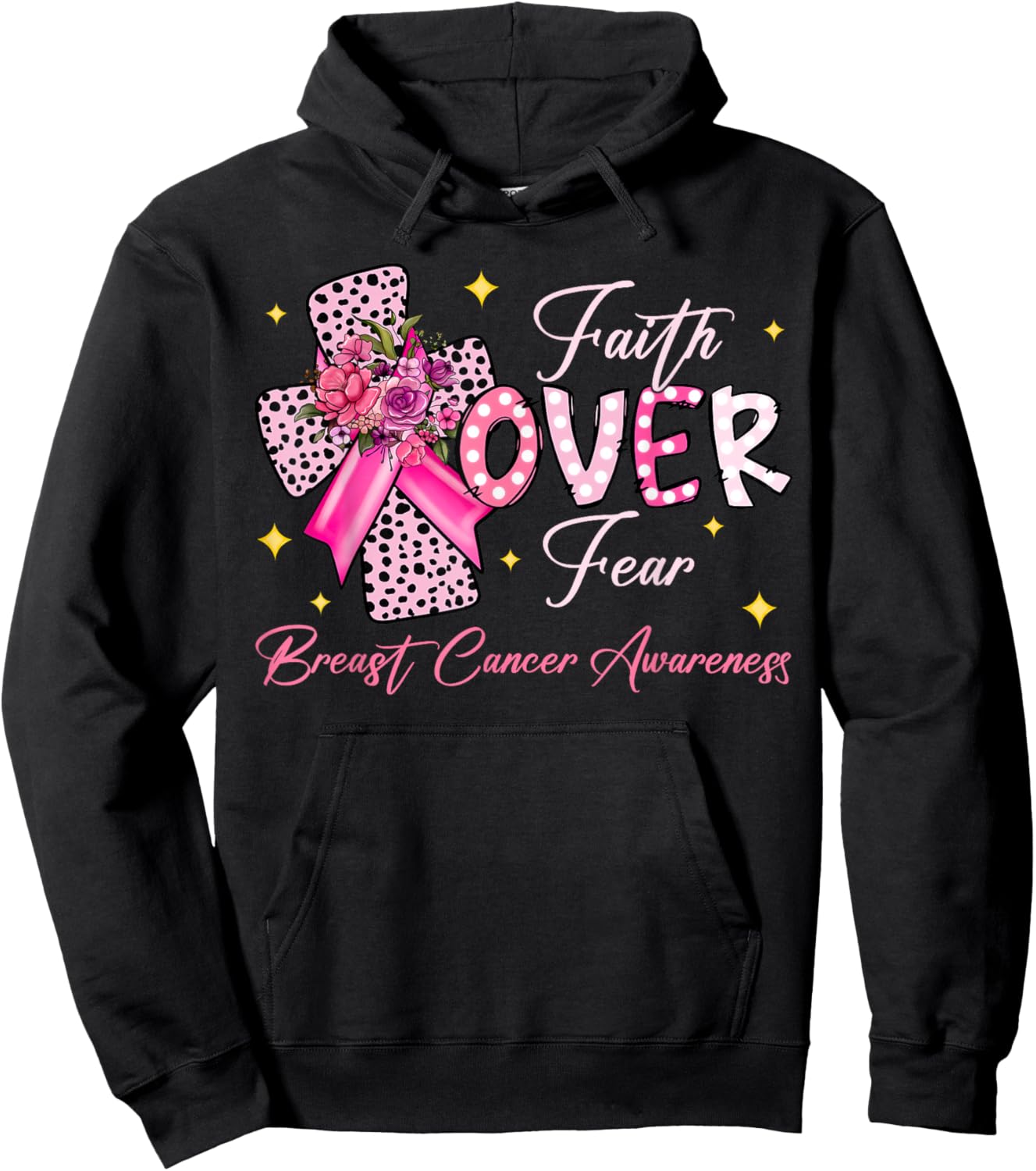 Faith Over Fear Cross Pink Ribbon Christian Breast Cancer Hoodie - Hoodie | Black