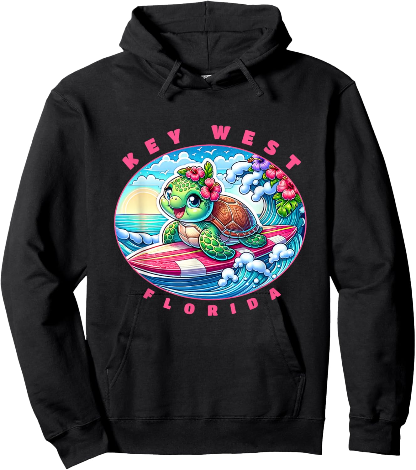 Key West Florida Cute Surfing Girl Sea Turtle Hoodie - Hoodie | Black