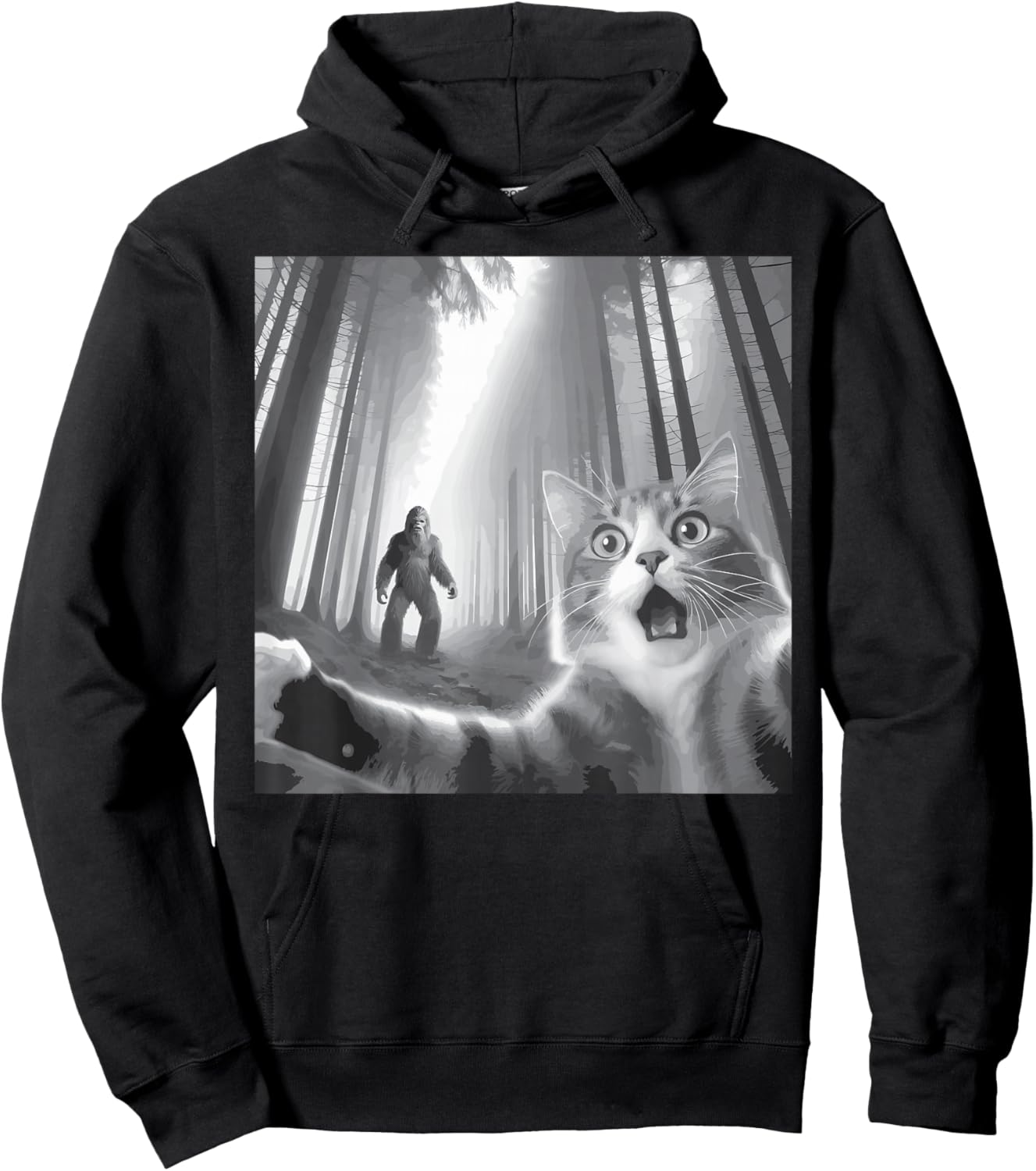 Funny Surprised Scared Cat Selfie With Sasquatsch Bigfoot Hoodie - Hoodie | Black