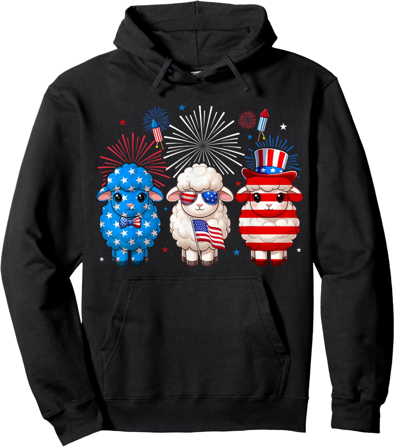 Three Red Blue White Cute Sheeps 4th Of July Farmer Rancher Hoodie - Hoodie | Black