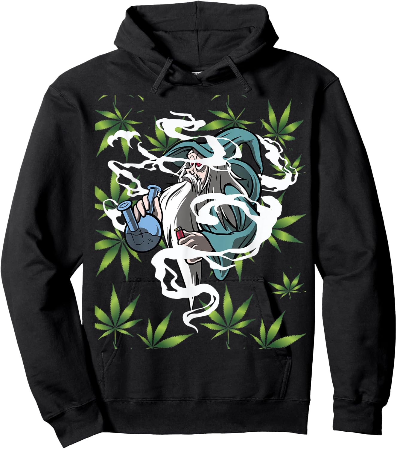 Marijuana Bong with Weed Leaf Design Wizard Smoking Hoodie - Hoodie | Black