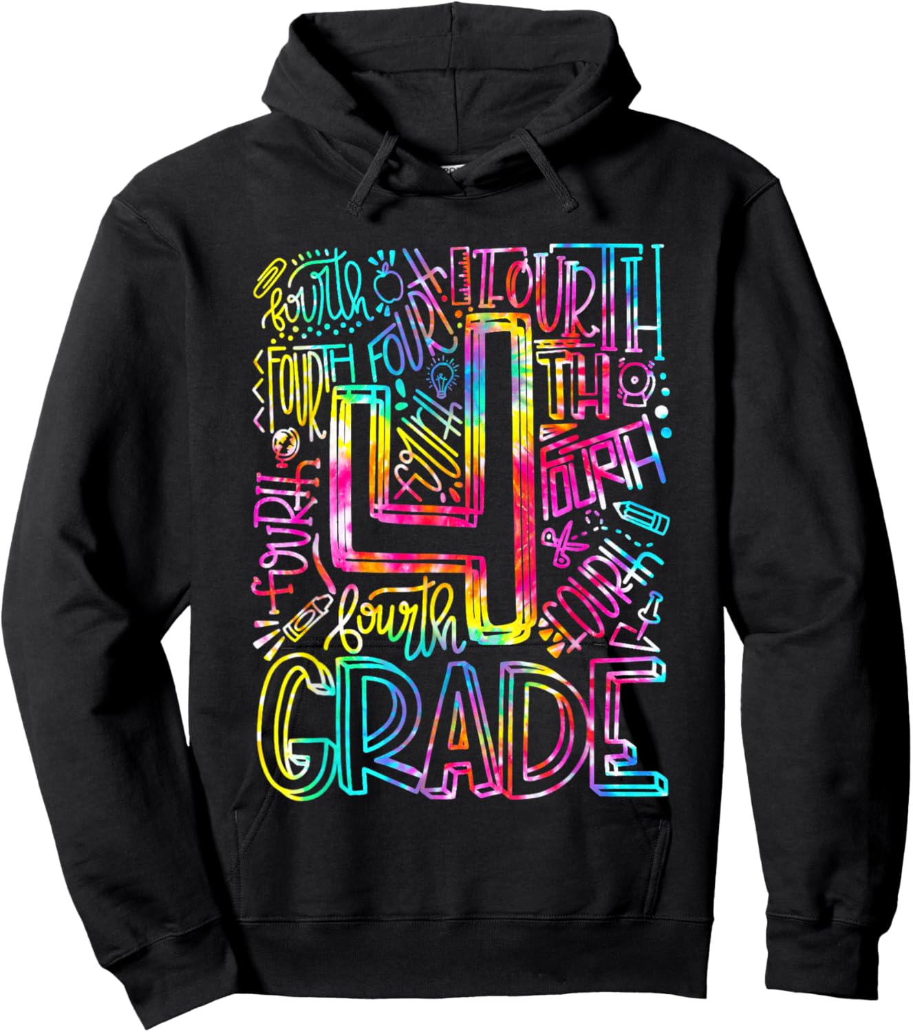 Tie Dye 4th Grade Typography Team Fourth Grade Teacher Gift Men Women Kids Hoodie - Hoodie | Black