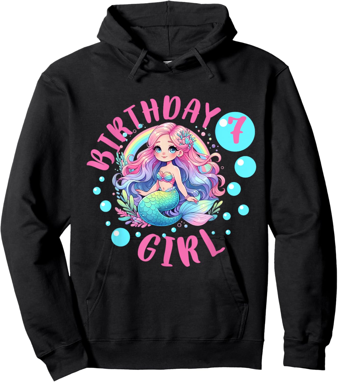 Cute Mermaid 7th Birthday Girl 7 Year Old Bday Mermaid Hoodie - Hoodie | Black