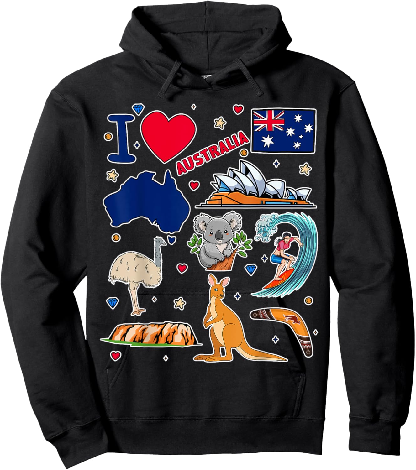 Australian hand drawn symbols, Australia map, cultural icons Hoodie - Hoodie | Black