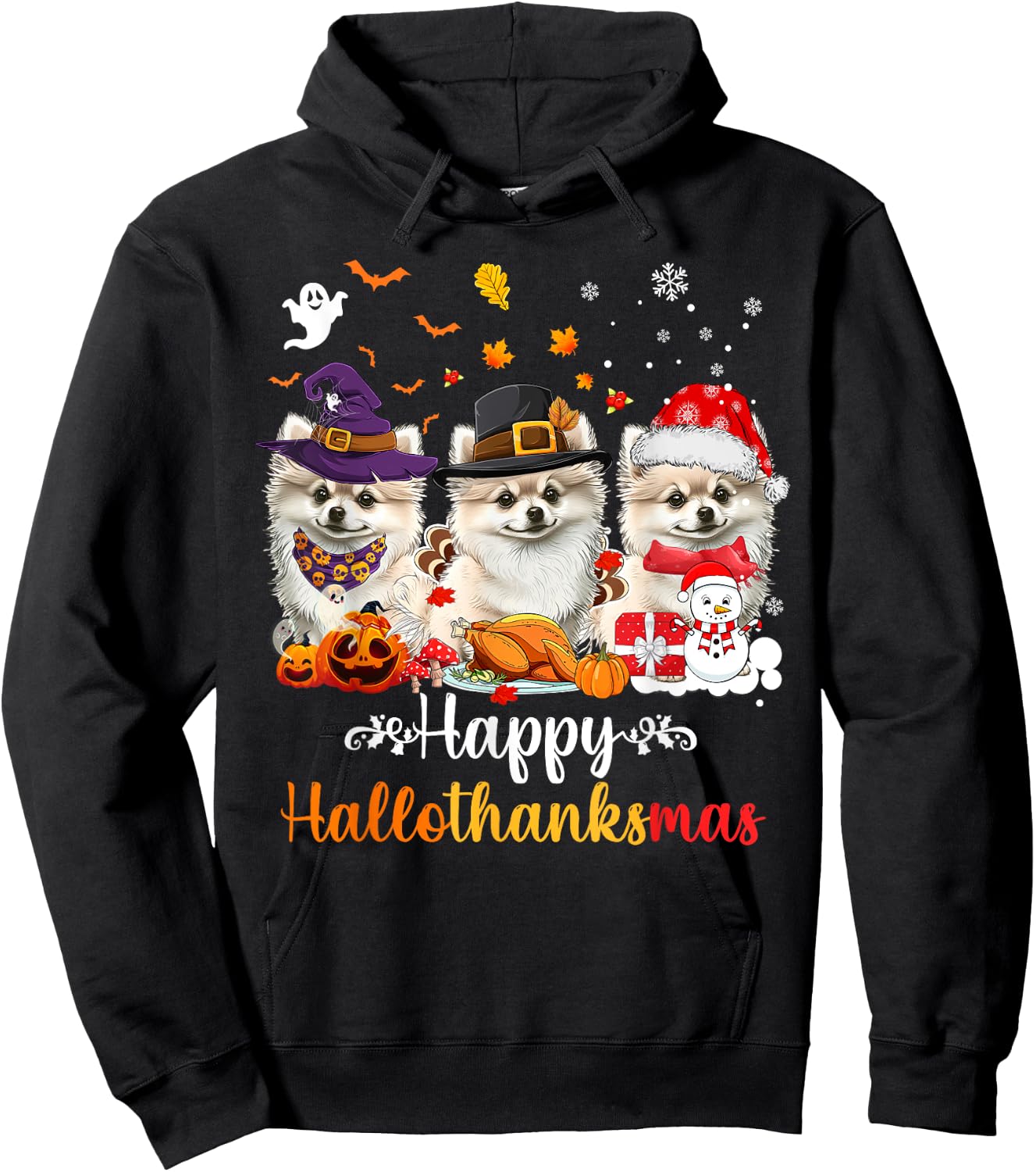 Happy Hallothanksmas Pomeranian Dog Halloween Christmas Men Women Kids Hoodie - Hoodie | Black