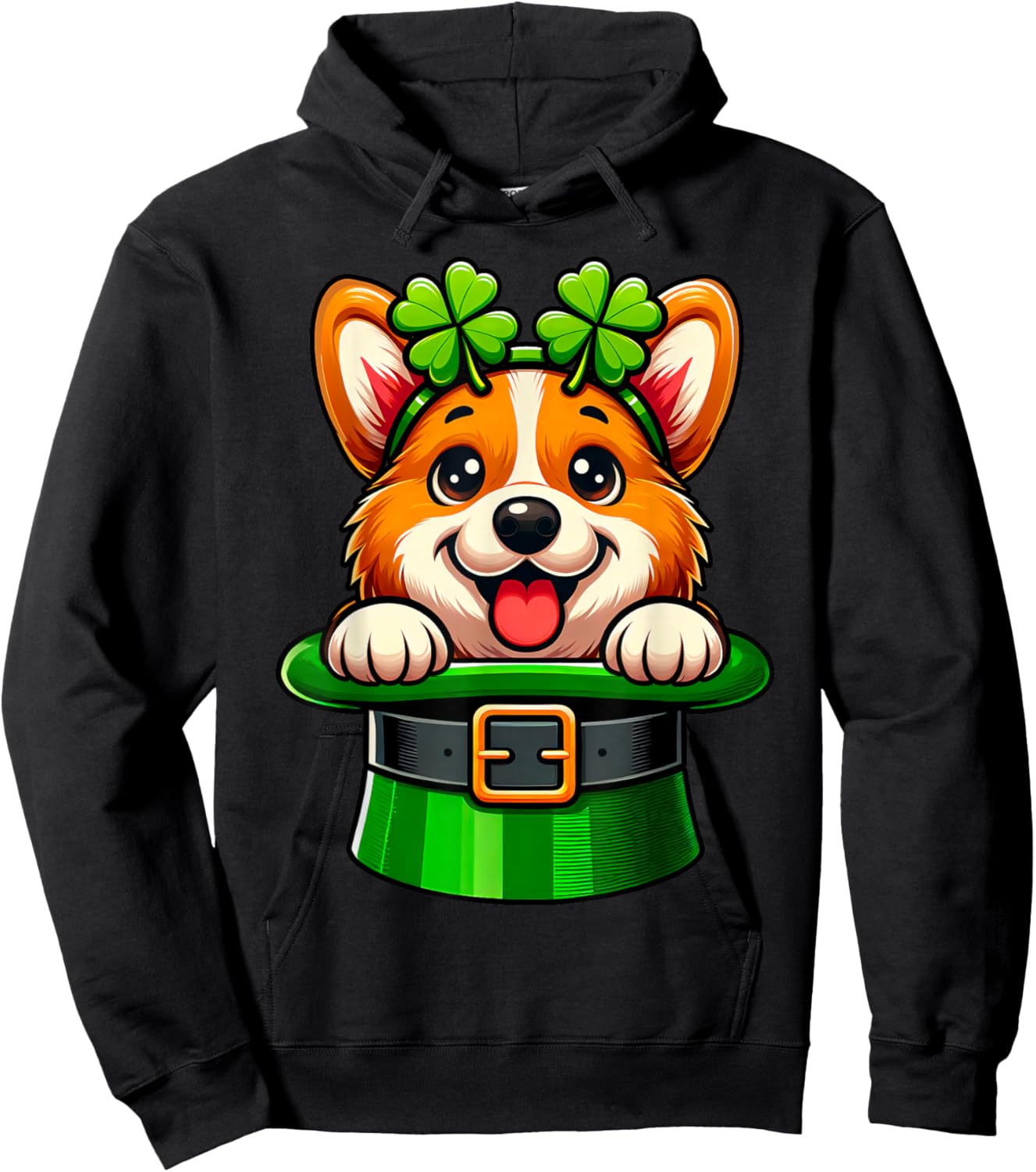 Corgi St Patricks Day Leprechaun Shamrock Irish Corgi Lover Hoodie - Hoodie | Black