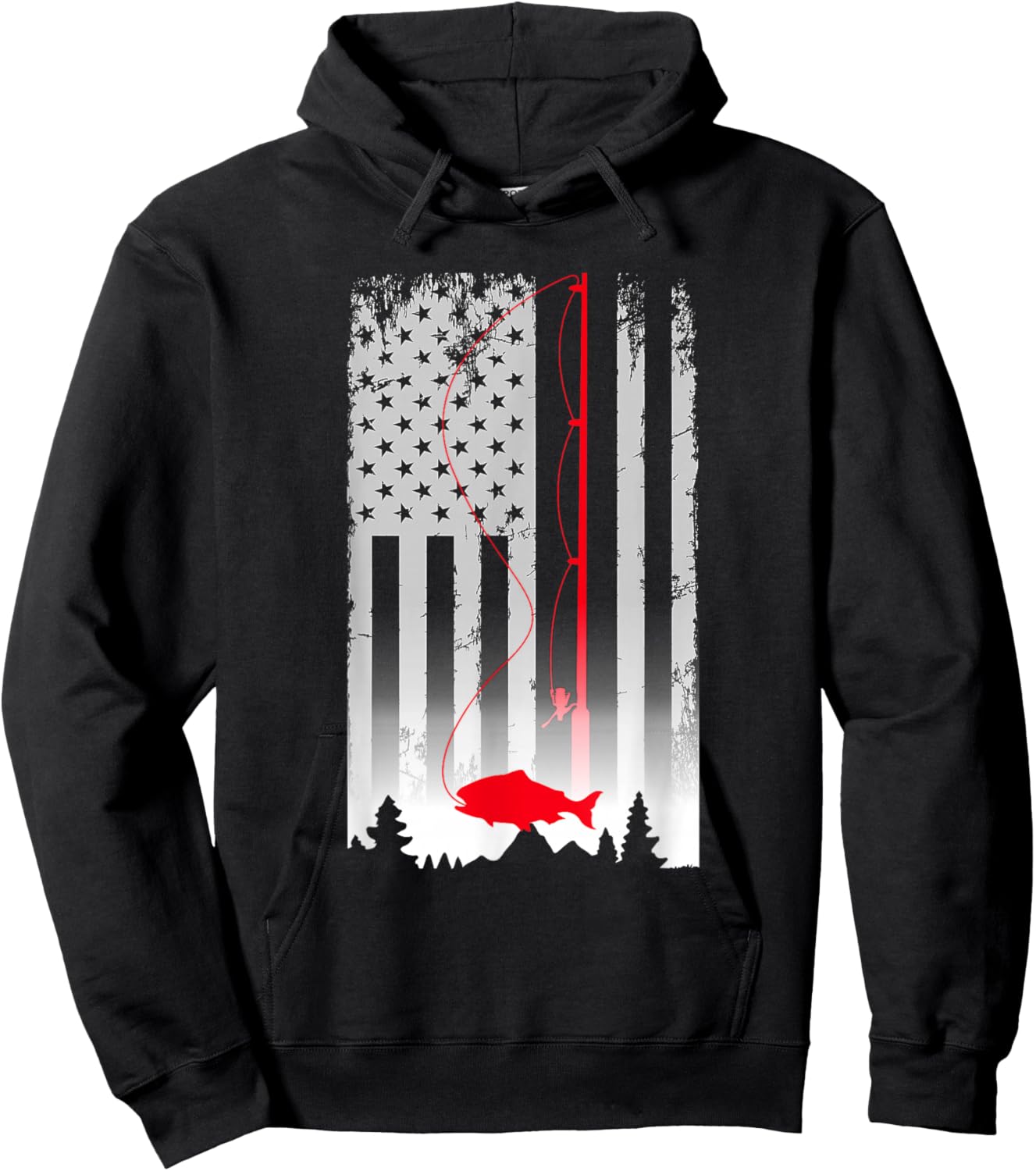 Fishing Pole American Flag Vintage Patriotic Fisherman Hoodie - Hoodie | Black