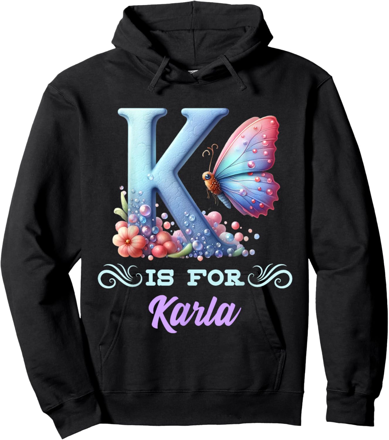 K Is For Karla Girly Butterfly And Flower Initial Name Hoodie - Hoodie | Black