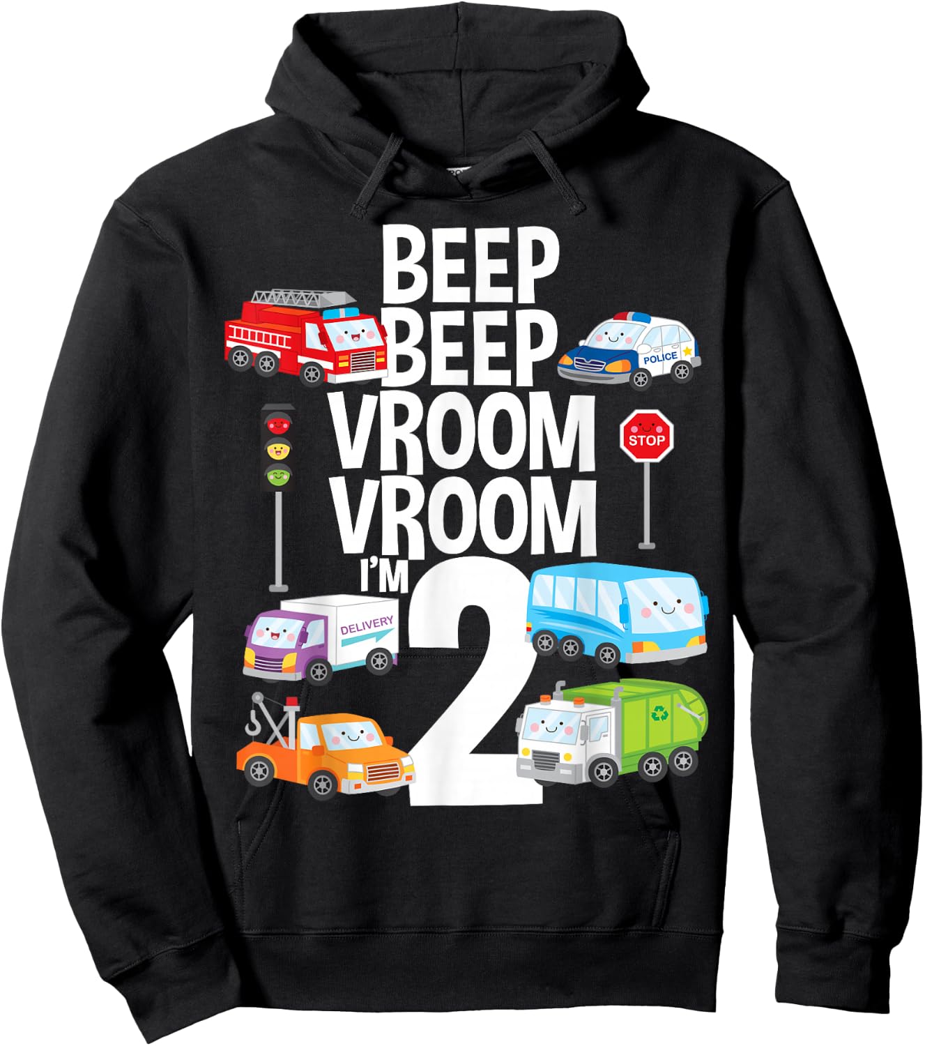 Beep Vroom I'm 2 Trucks Cars Theme Birthday Gift 2 Yrs Old Hoodie - Hoodie | Black