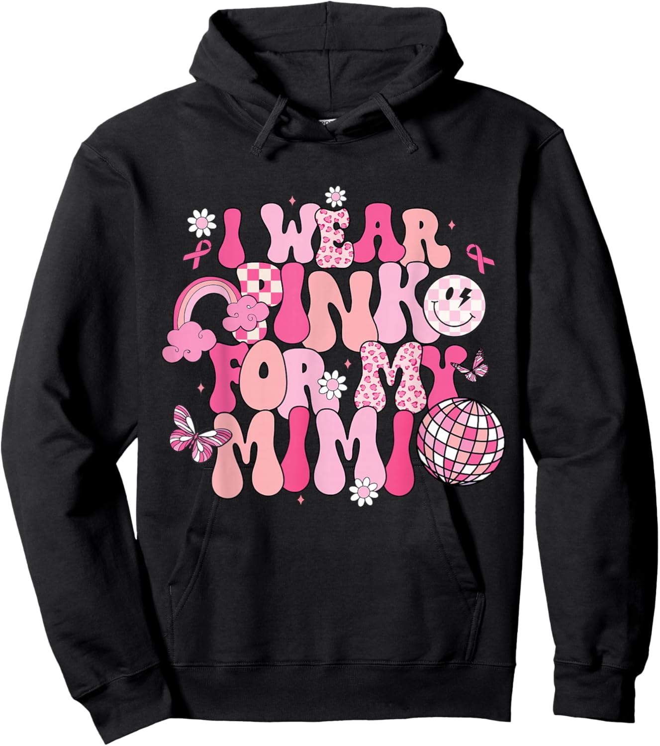 Groovy I Wear Pink For My Mimi Breast Cancer Awareness Hoodie - Hoodie | Black