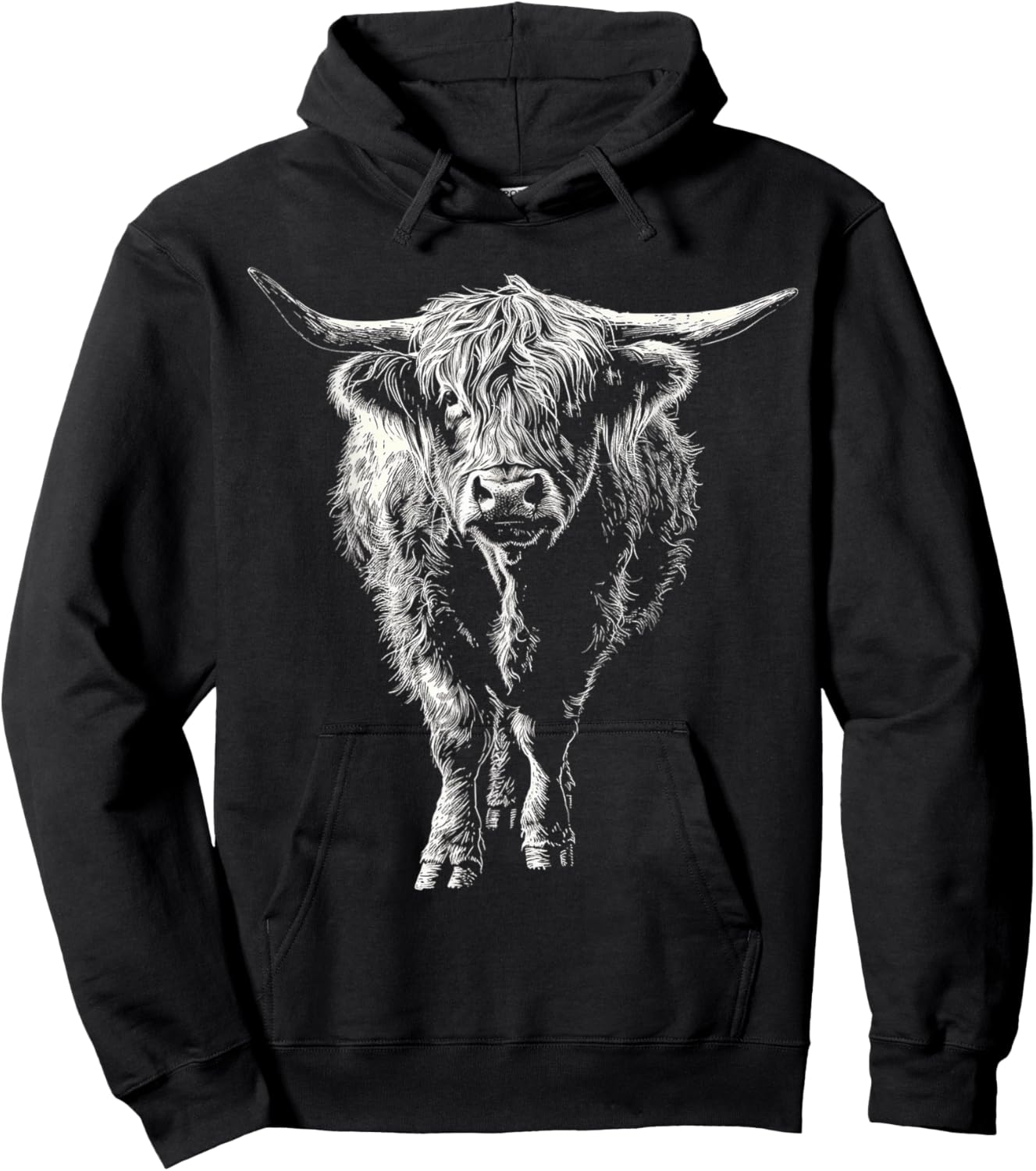 Highland Cow Drawing Art Farm Animal Graphic Highland Cow Hoodie - Hoodie | Black