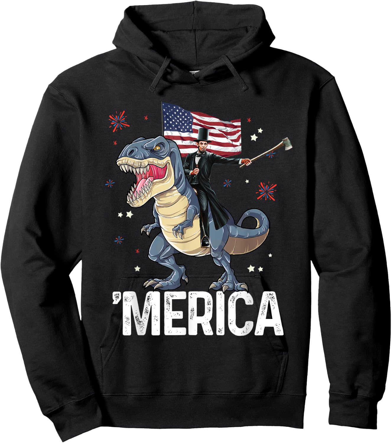 American President Lincoln T-Rex Dinosaur Flag Patriotic Hoodie - Hoodie | Black