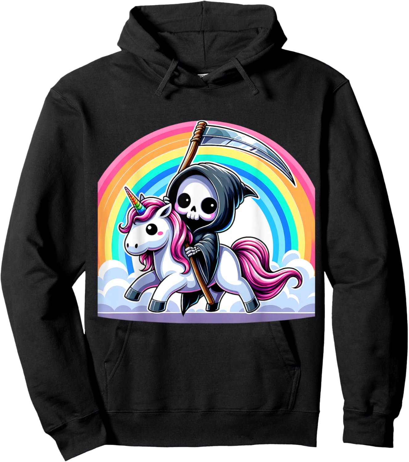 Grim Reaper Riding Unicorn Funny Rainbow Heavy Metal Hoodie - Hoodie | Black