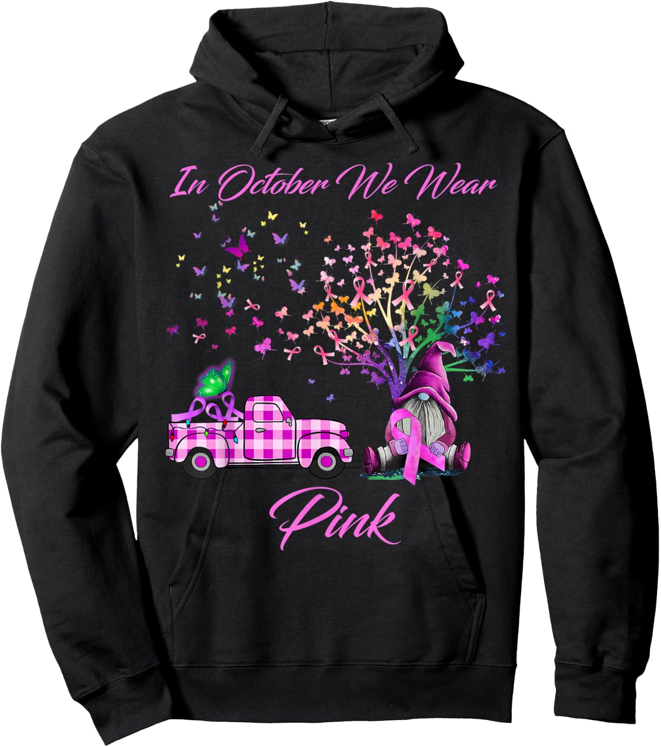 In October We Wear Pink Gnome Tree Breast Cancer Awareness Hoodie - Hoodie | Black