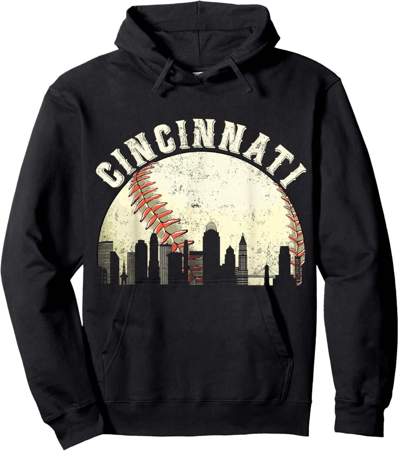Cincinnati Vintage Baseball Distressed Gameday Retro Hoodie - Hoodie | Black