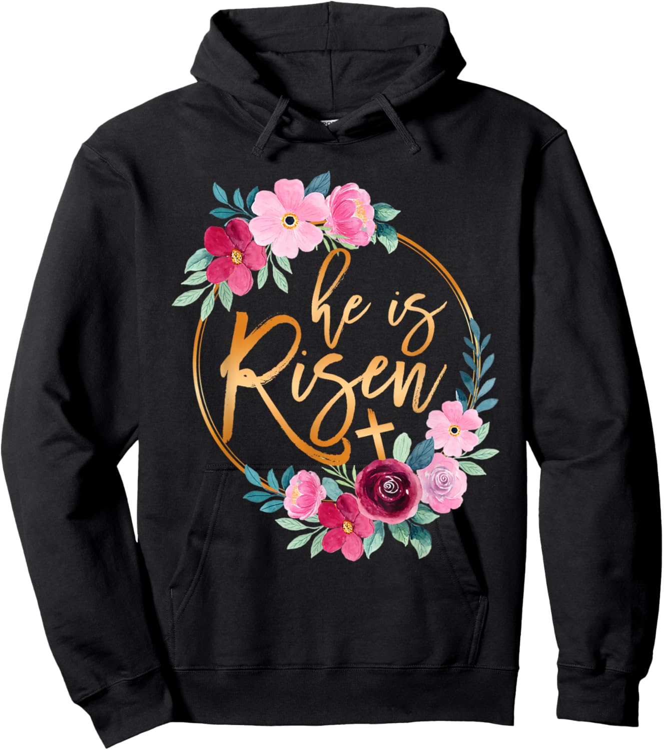 He is Risen Jesus Christian Easter Floral Wreath Women Girls Hoodie - Hoodie | Black