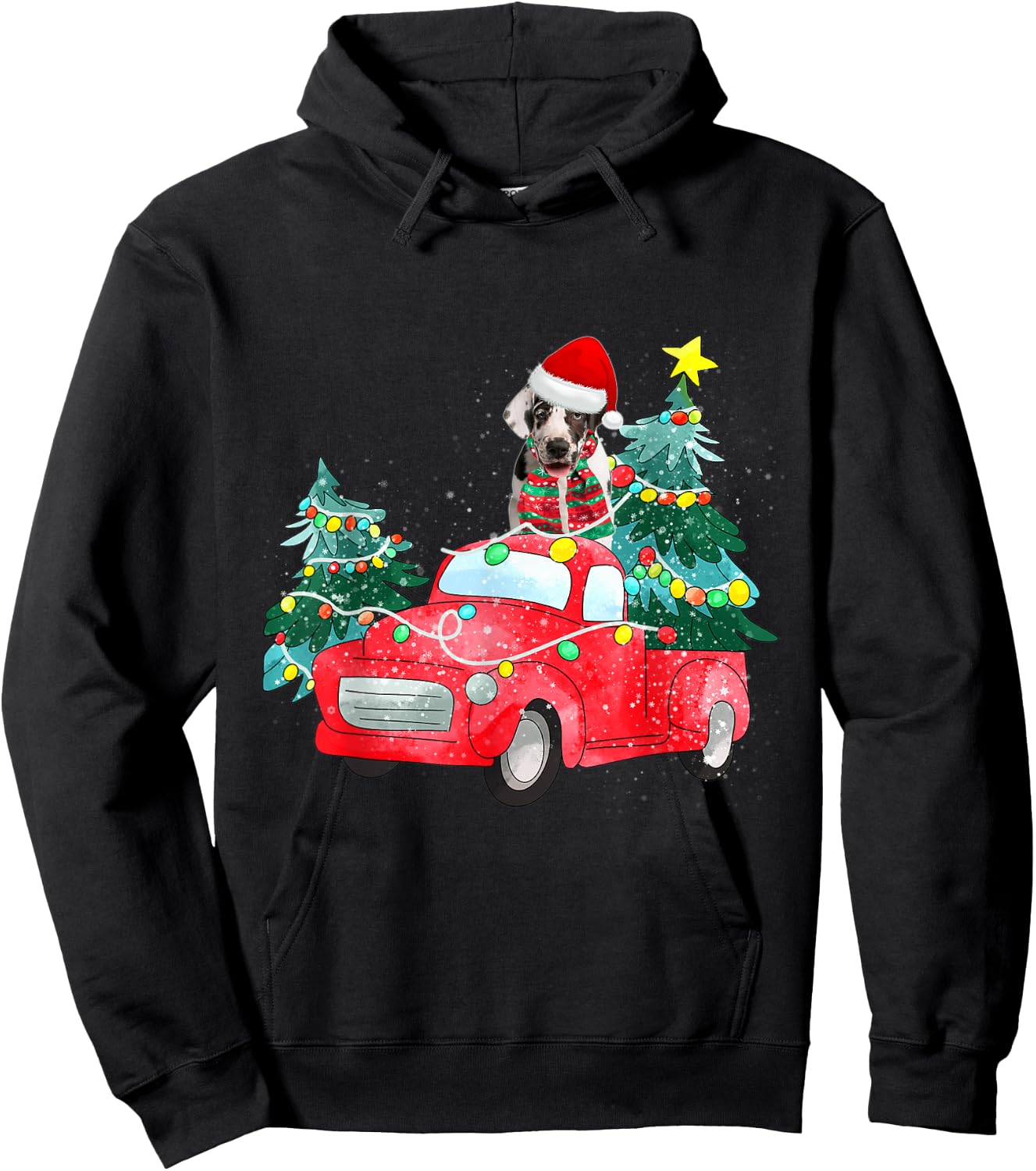Harlequin Great Dane Dog Ride Red Truck Christmas Dog Lover Men Women Kids Hoodie - Hoodie | Black