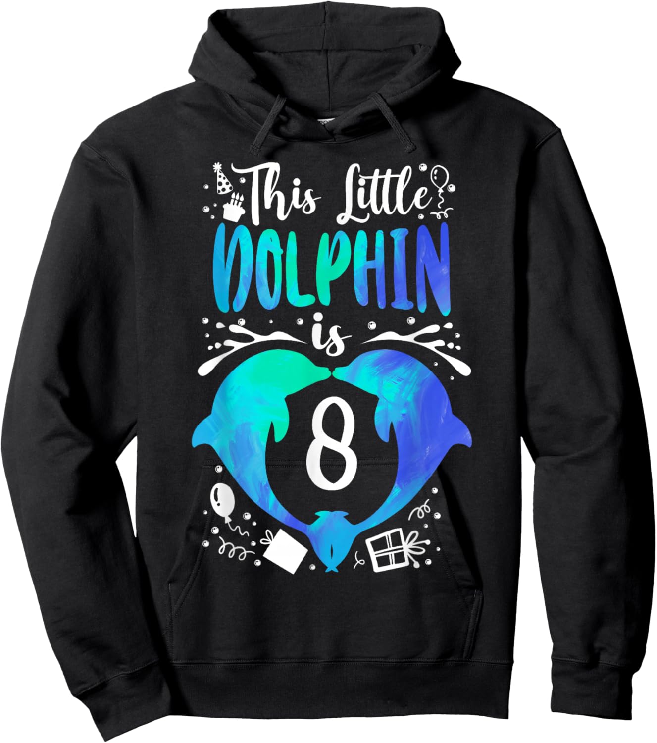 Dolphin 8th Birthday This Little Dolphin Is 8 Hoodie - Hoodie | Black