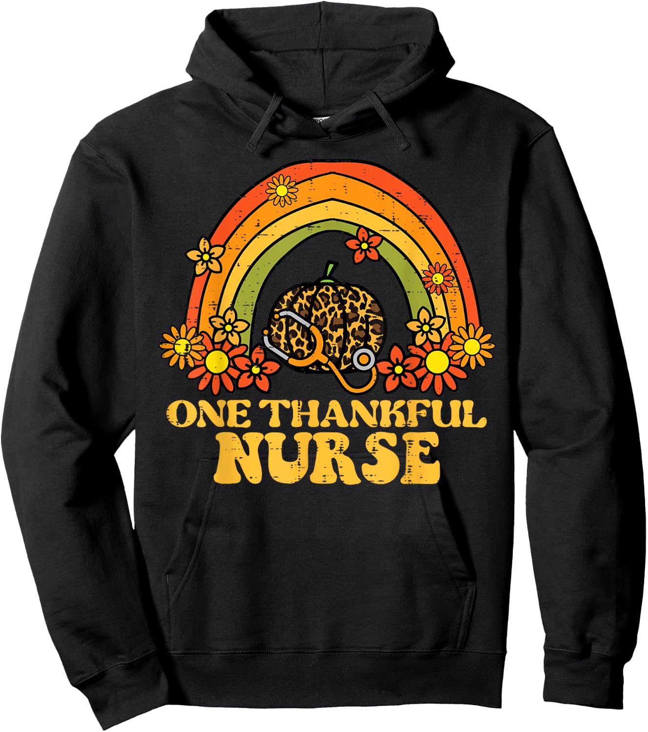 Fall Rainbow Thankful Nurse Thanksgiving Scrub Top Women Hoodie - Hoodie | Black