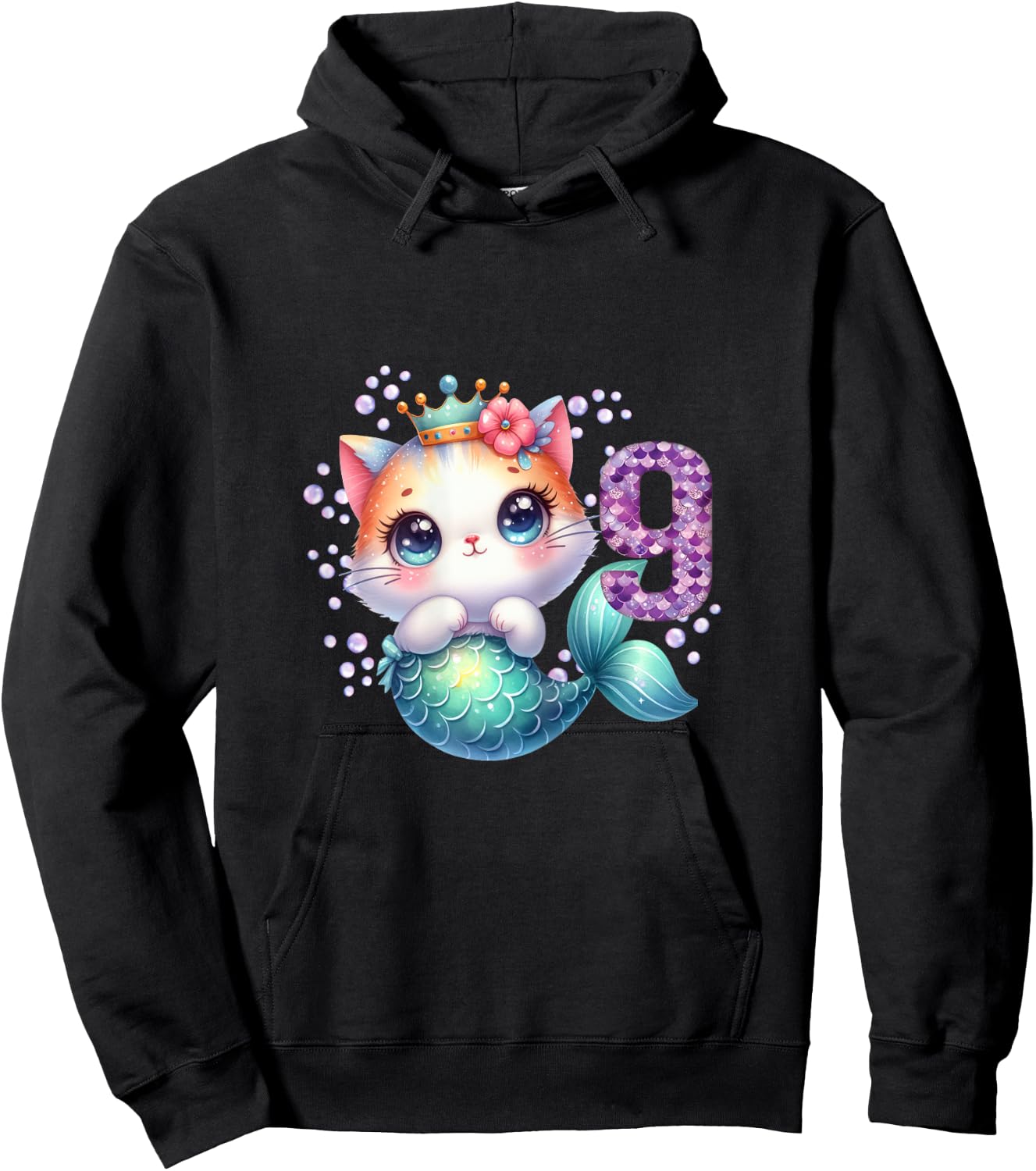 Cat Mermaid 9th Birthday 9 Year Old Party Girls Outfit Hoodie - Hoodie | Black