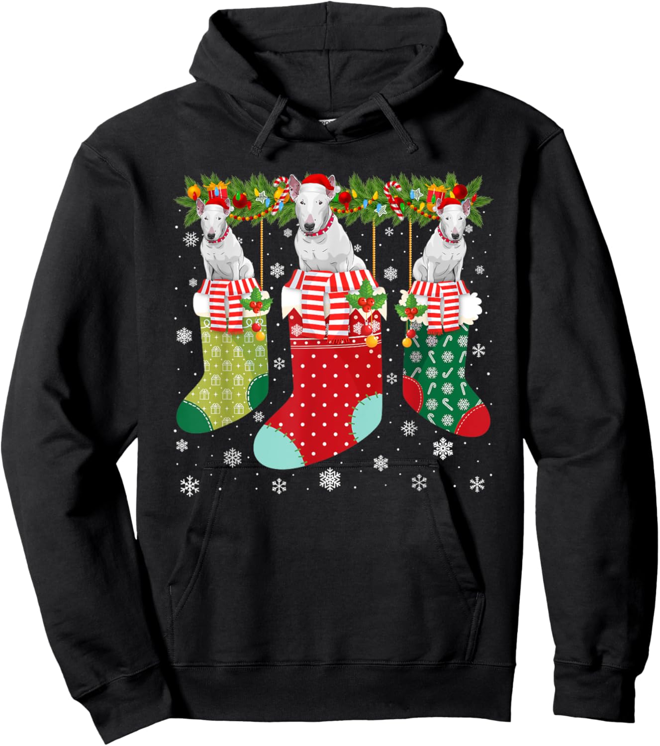 Three Bull Terrier Dog in Socks Ugly Christmas Sweater Party Men Women Kids Hoodie - Hoodie | Black