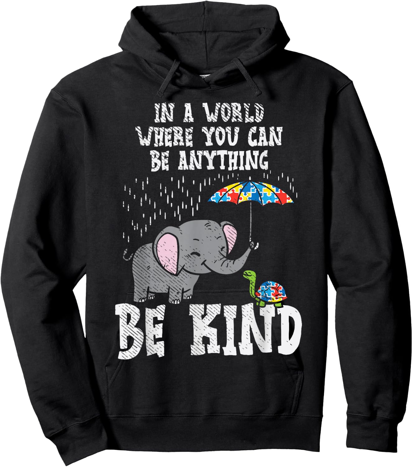 In A World Be Kind Cute Elephant Turtle Umbrella Autism Gift Hoodie - Hoodie | Black