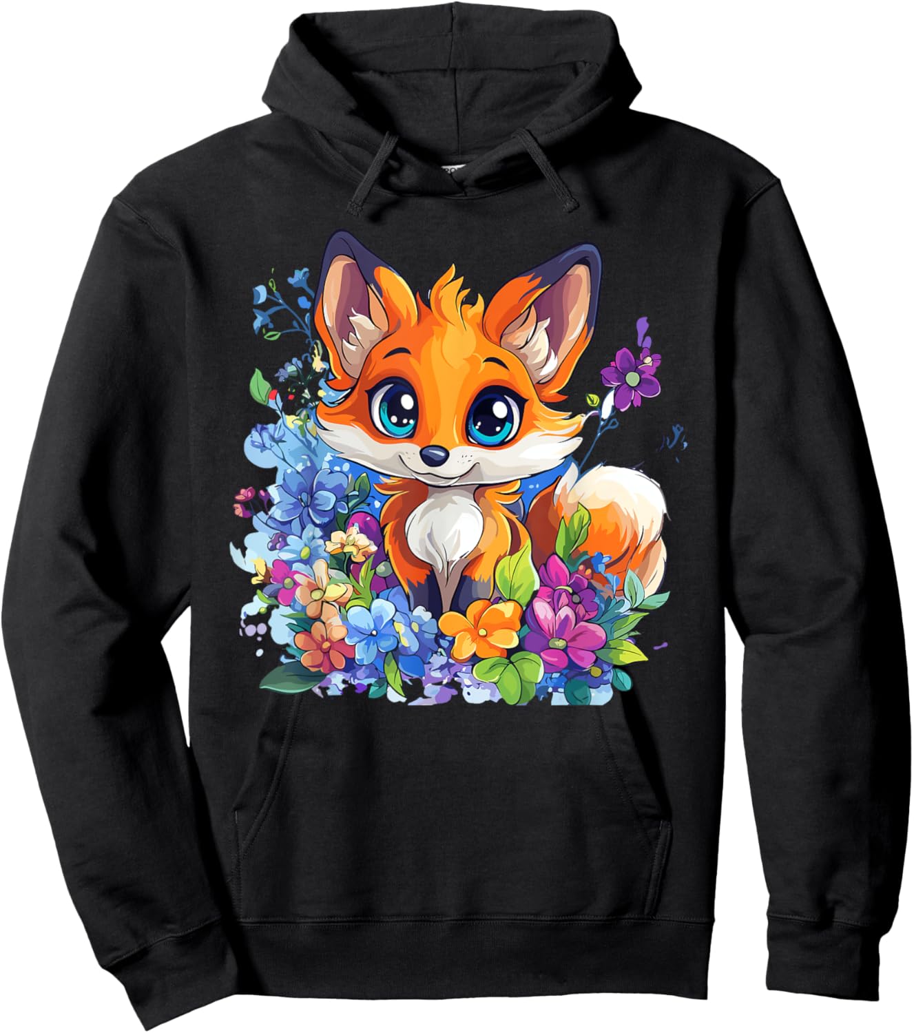 Cute Fox Surrounded by Flowers , Black, S Hoodie - Hoodie | Black