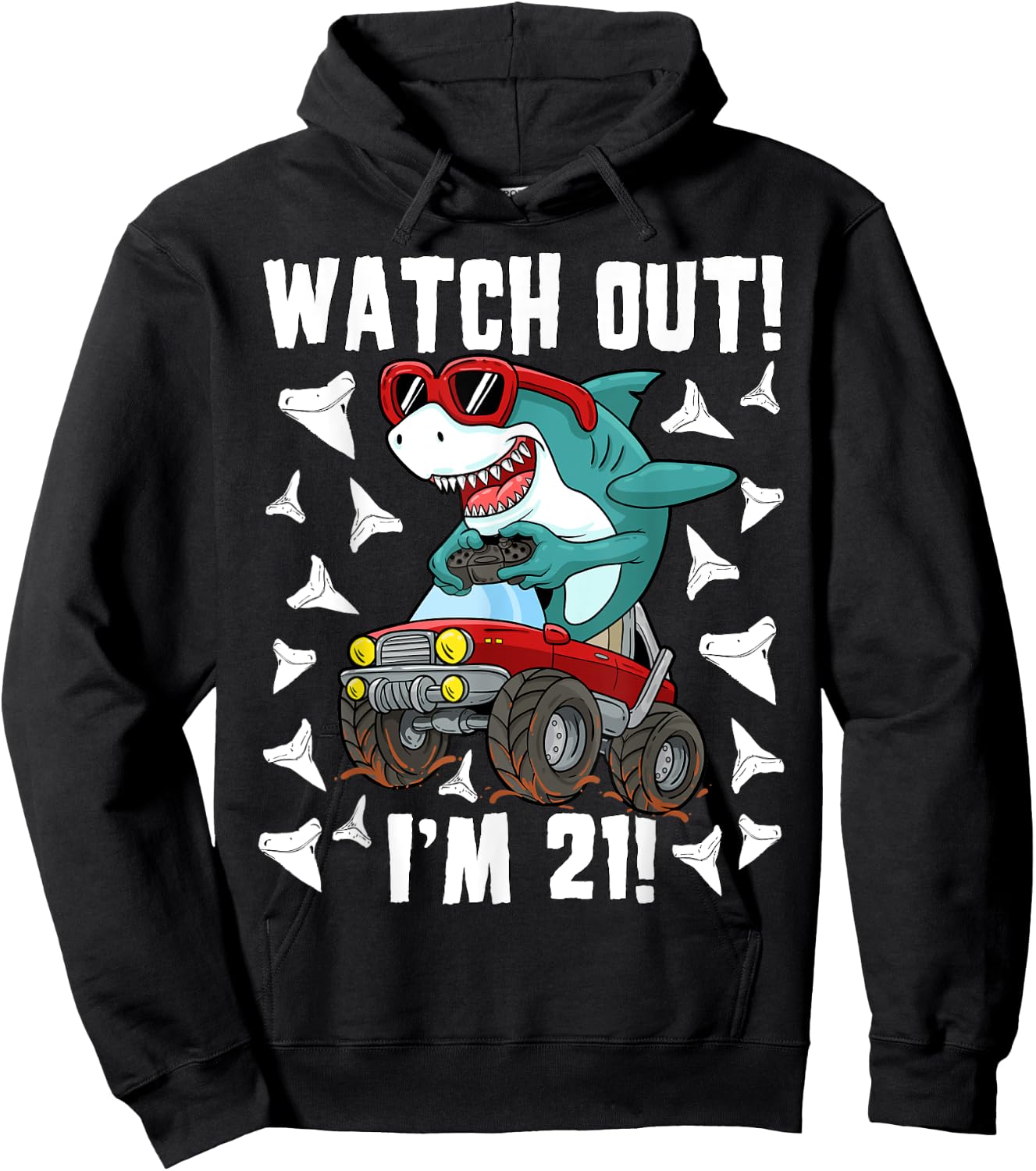 21 Years Old 21st Birthday Shark Boy Monster Truck Gamer Hoodie - Hoodie | Black