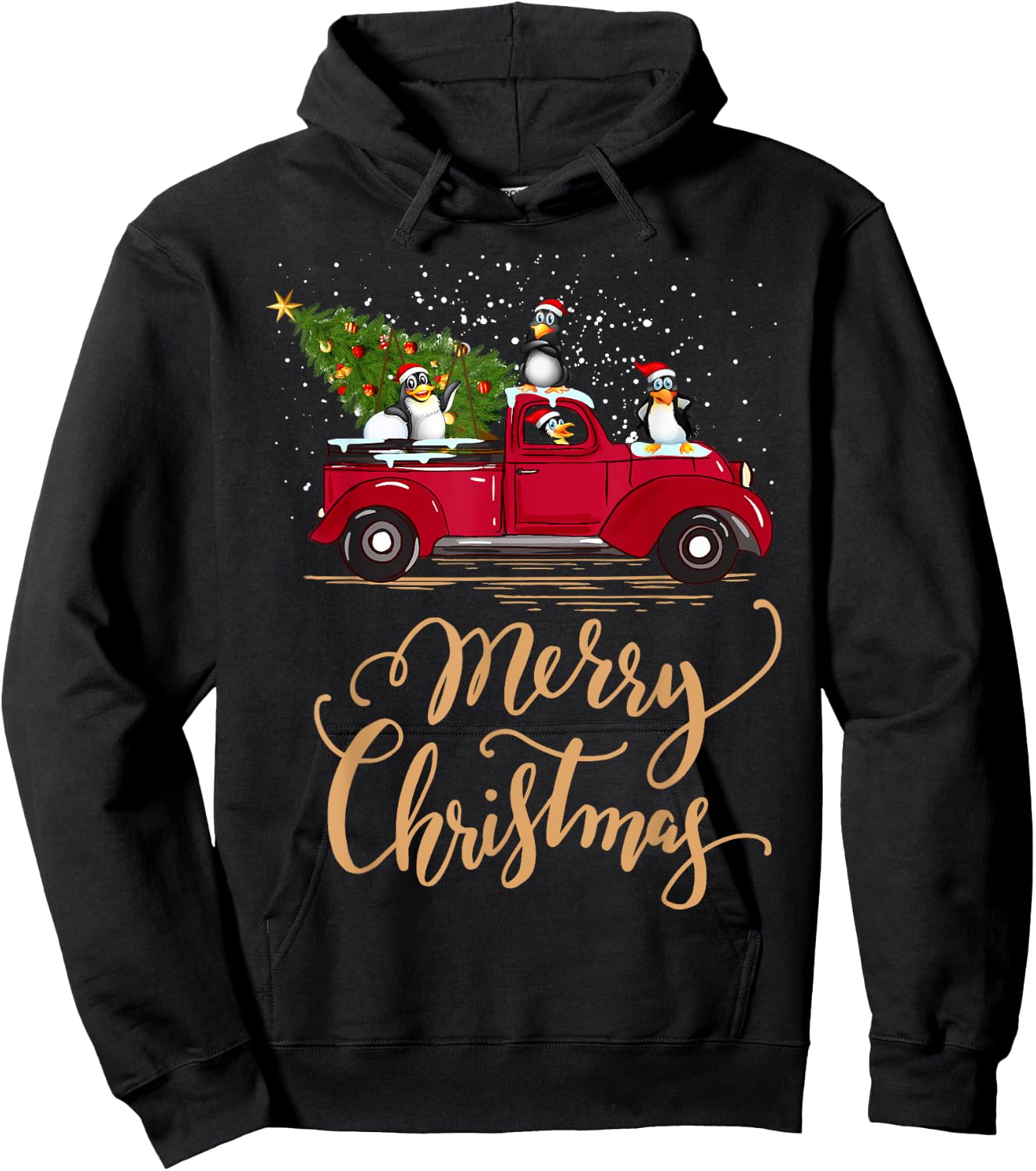 Penguin Driving Christmas Tree Red Truck Penguin Christmas Hoodie - Hoodie | Black