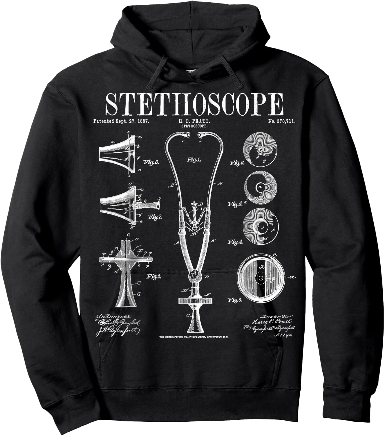 Stethoscope Old Vintage Patent Drawing Print Doctor Nurse Hoodie - Hoodie | Black
