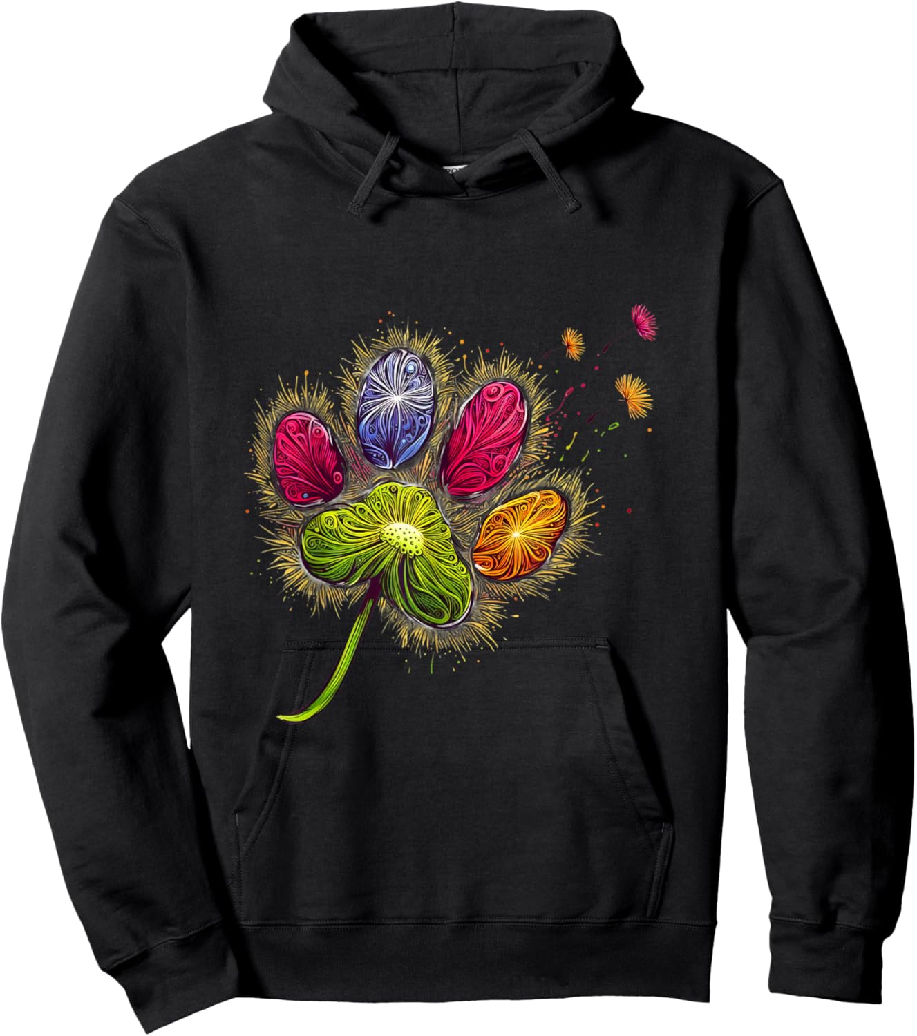 Colorful Big Paw Print Dandelion Paw Print Graphic Hoodie - Hoodie | Black