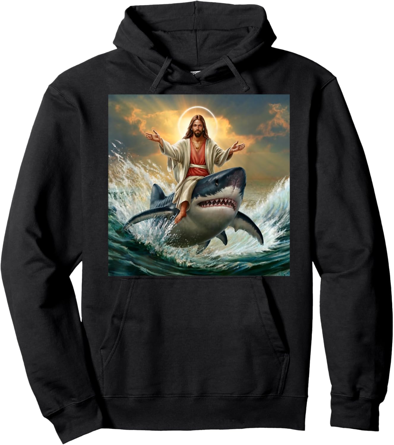 Christian Jesus Riding Shark Funny Shark Jesus Lover Hoodie - Hoodie | Black