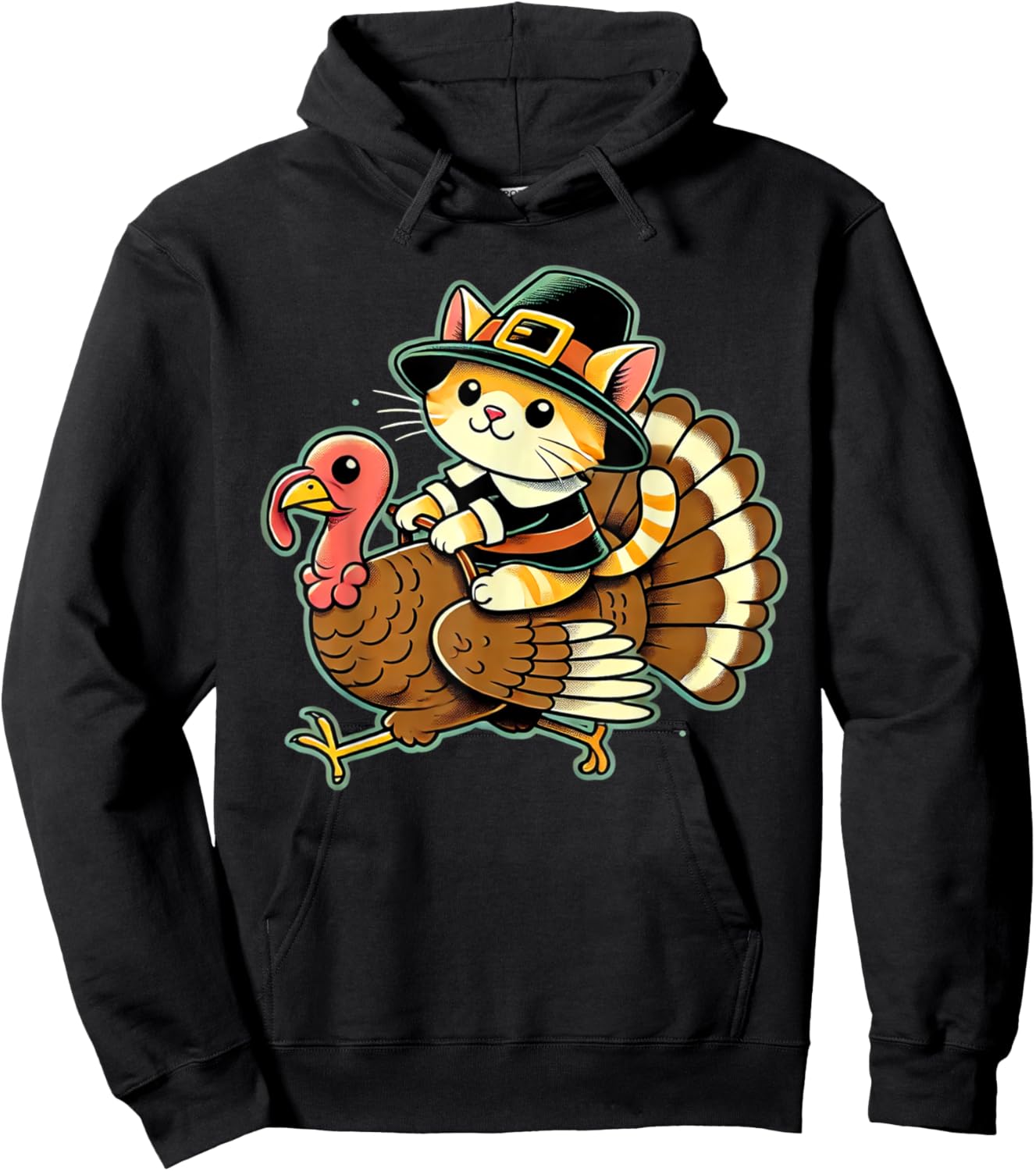 Cute Cat Pilgrim Costume And Turkey Funny Thanksgiving Retro Women Girls Kids Hoodie - Hoodie | Black