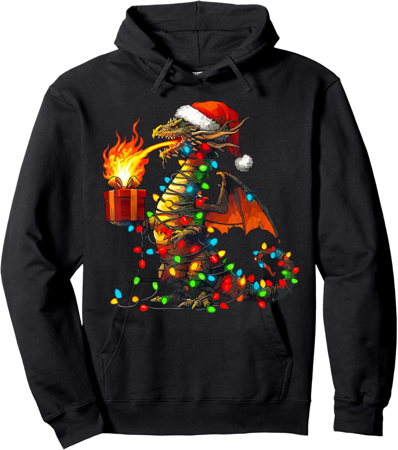 Dragon Wearing Santa Hat, Holding A Present Box Xmas Hoodie - Hoodie | Black