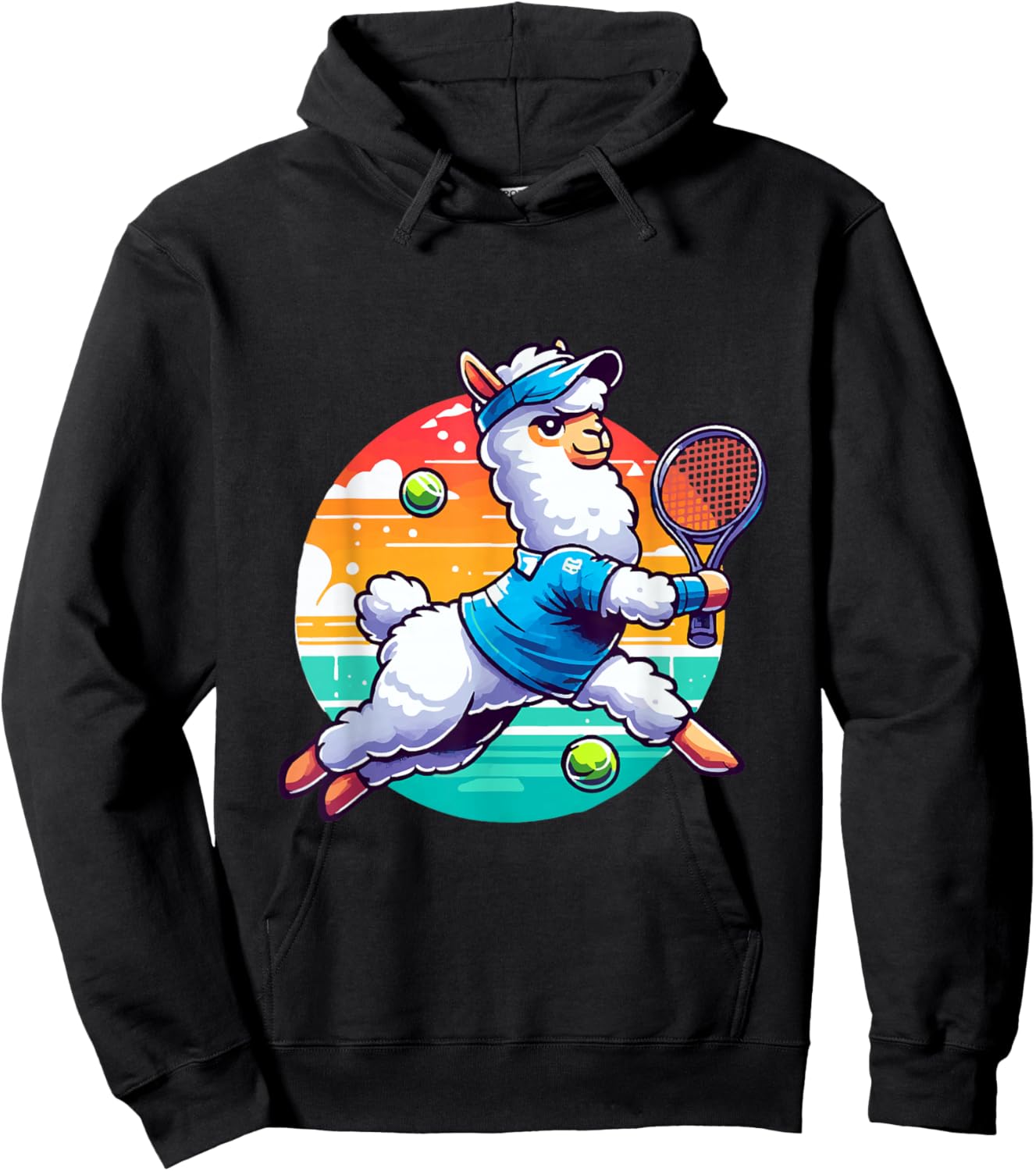 Llama Playing Tennis in Front of a Sunset Hoodie - Hoodie | Black