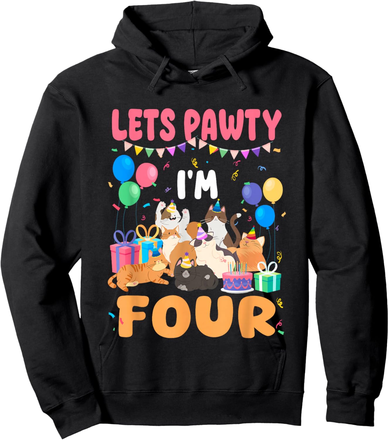 Lets Pawty I'm Four 4th Birthday Cats Themed Party Hoodie - Hoodie | Black