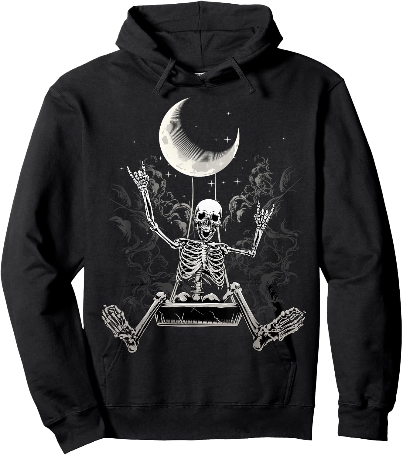 Moon Skeleton Rock On Hand Spooky Halloween Rock Concerts Hoodie - Hoodie | Black