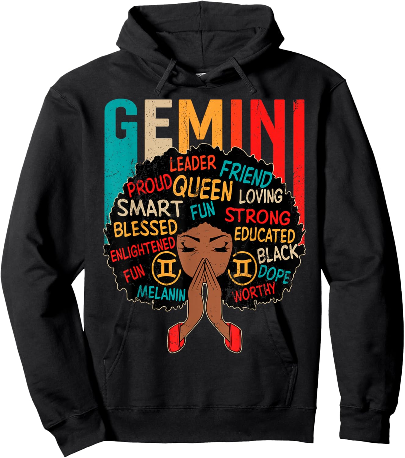Gemini Queen Retro Afro Black Women Zodiac Sign Hoodie - Hoodie | Black