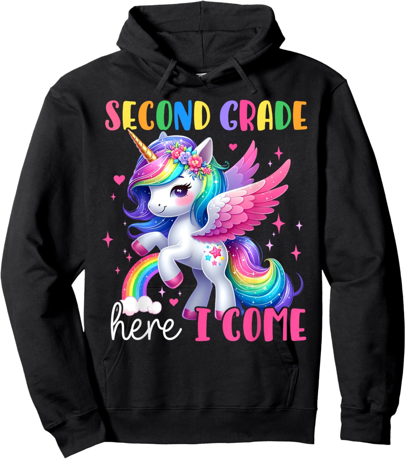 Second Grade Here I Come Unicorn Girls Kids Back To School Hoodie - Hoodie | Black