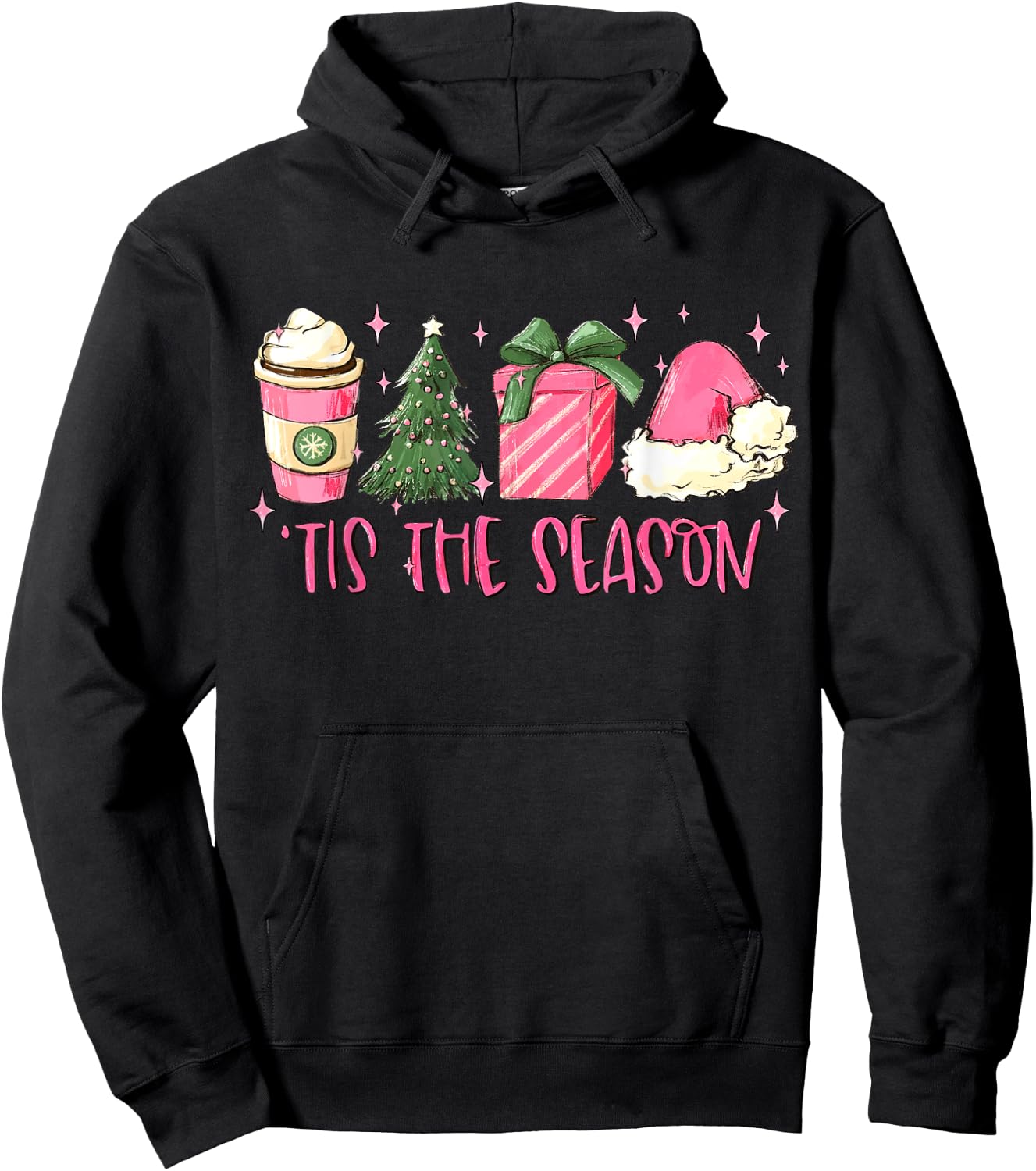 Retro Tis The Season Pink Christmas Coffee Funny Family Xmas Hoodie - Hoodie | Black