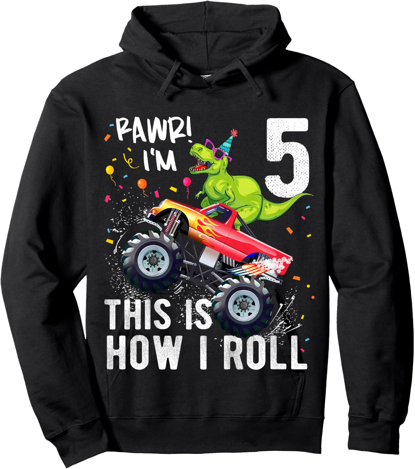 Kids T Rex Dinosaur Monster Truck 5th Birthday Boys and Girls Hoodie - Hoodie | Black