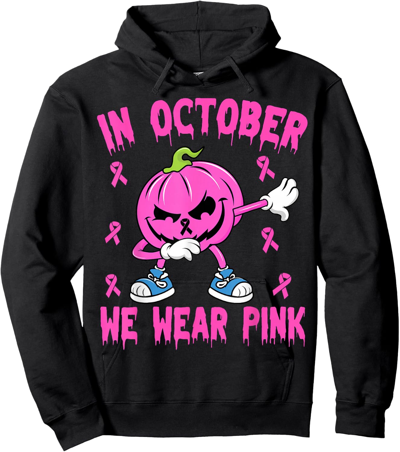 In October We Wear Pink Breast Cancer Pumpkin Halloween Boys Hoodie - Hoodie | Black